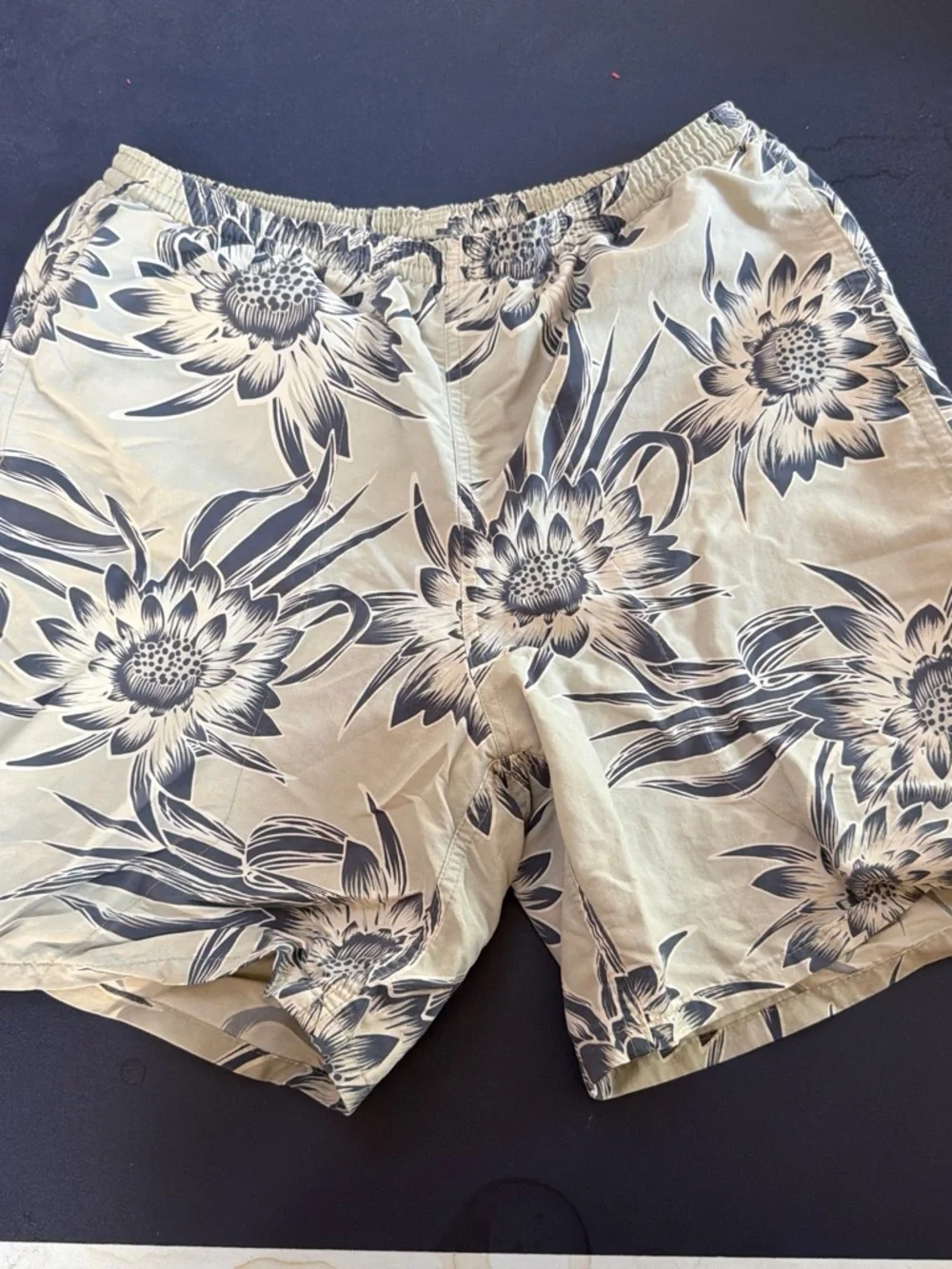 Patagonia Beige Floral Swim Board Shorts with Black Print